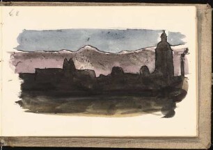 Skizzenbuch mit Aquarellen und Zeichnungen: Nächtliche Stadtsilhouette (wohl Eilenburg) mit schwerem Turm vor Gebirge