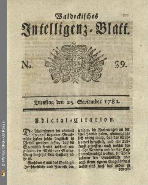 No. 39, Dienstag den 25. September 1781