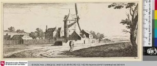 [Dorf mit Windmühle und Wanderer]