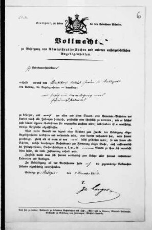 Vollmacht des Jean Larger, Felleringen/Frankreich, für Julius Jordan, Stuttgart