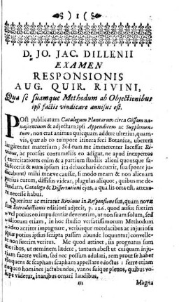 D. JO. JAC. DILLENII EXAMEN RESPONSIONIS AUG. QUIR. RIVINI.
