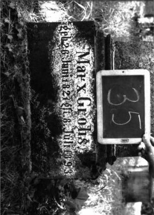 Grabstein 35 (Index: 100100954) Material: Kalkstein Zustand: verwittert Maße HxBxT: 140x43x20 cm Beschreibung: Stele, Sockel, Abdeckplatte mit Palmettenaufsatz Symbolik: Palmette Besonderheit: eingemeißelte Nummer: 22: Grabstein 35B