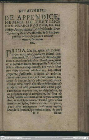 De Appendice, Nempe De Testimoniis Praecipuorum, in Ecclesijs Augustanae Confessionis Doctorum, quibus Waldenses, se & sua, jam pridem ornare, & palliare conclue, verunt, Notationes