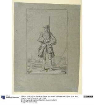 Stehender Soldat, das Gewehr präsentierend, in Landschaft (nach Charles Eisen?)
