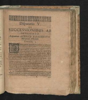 Disputatio V. De Successionibus Ab Intestato. Respondente Henrico Niederhofio ...