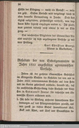Resultate der von Endesgenanntem im Jahre 1832 angestellten agronomischen Versuche