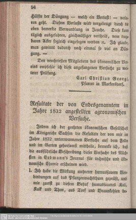 Resultate der von Endesgenanntem im Jahre 1832 angestellten agronomischen Versuche