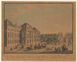 Das Japanische Palais und das alte Leipziger Tor (Weißes Tor) am Palaisplatz in Dresden, Blick nach Nordwesten