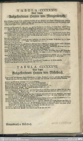 Tabula CCCXXXVI. Von denen Ausgestorbenen Herren von Mengersreuth; Tabula CCCXXXVII. Von denen Ausgestorbenen Herren von Mistelbach