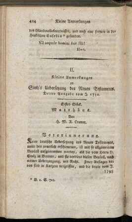 II. Kleine Anmerkungen zu Stolz´s Übersetzung des Neuen Testaments. Dritte Ausgabe vom J. 1798.