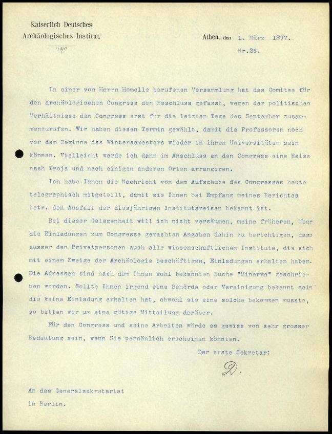 Bericht des ersten Sekretars an das General-Sekretariat | Digitalisierung: Deutsches Archäologisches Institut, Athen, Archiv