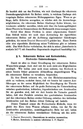 § 8. Rekurrente Reihen und Kettenbrüche. Siebecks Untersuchungen.
