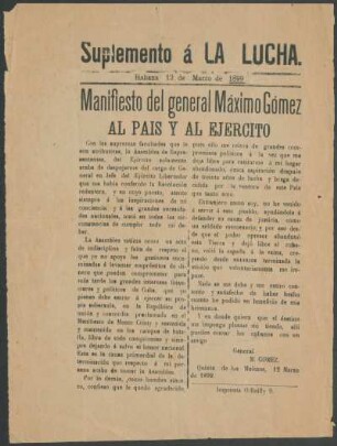 Al país y al ejército : manifiesto del general Máximo Gómez