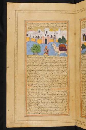 Illustration: Kamele mit dem Schatz Iskandars vor den Toren Aleppos