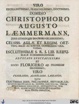 Viro excellentissimo ...Domino Christophoro Augusto Laemmermann...