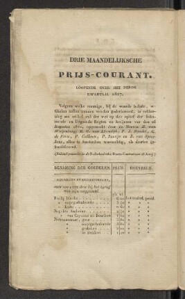 Drie maandelijksche Prijs-Courant. Loopende over het derde Kwartaal 1827.