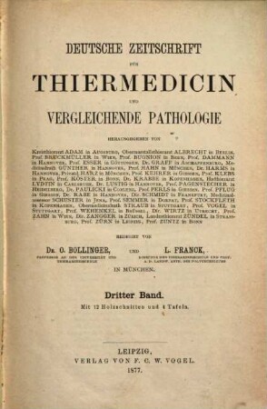 Deutsche Zeitschrift für Thiermedicin und vergleichende Pathologie. 3, 3. 1876/77