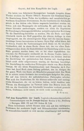 419-420 [Rezension] Geyser, Joseph, Auf dem Kampffelde der Logik