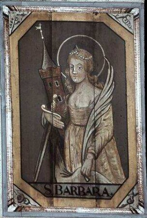 Maria, Christus, Engel und Heilige zwischen Ornamentfeldern
