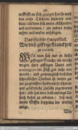 Das Sechste Hauptstück. Wie diese gifftige Kranckheit zu curiren