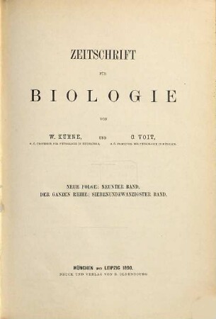 Zeitschrift für Biologie. 9 = Bd. 27 des Gesamtwerkes 1890