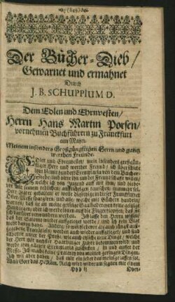 Der Bücher-Dieb/ Gewarnet und ermahnet Durch J. B. Schuppium D.