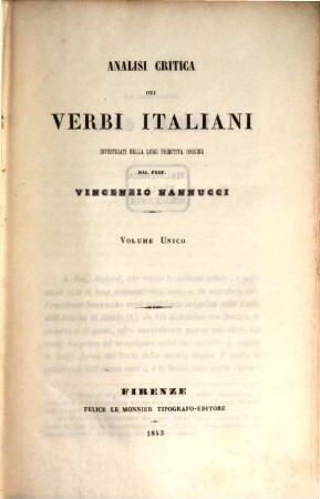 Analisi critica dei Verbi Italiani investigati nella loro primitiva origine