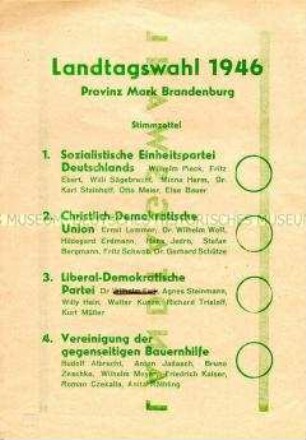 Stimmzettel zur Landtagswahl 1946 für die Provinz Mark Brandenburg