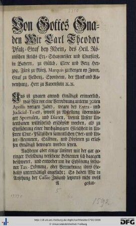 Von Gottes Gnaden Wir Carl Theodor Pfaltz-graf bey Rhein ...