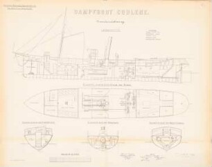 Dampfboot »Coblenz«: Grundriss, Längsschnitt, Querschnitt