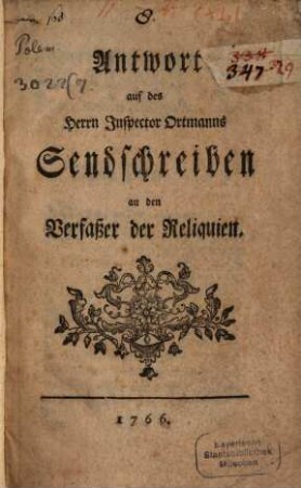 Antwort auf des Herrn Inspector Ortmanns Sendschreiben an den Verfasser der Reliquien