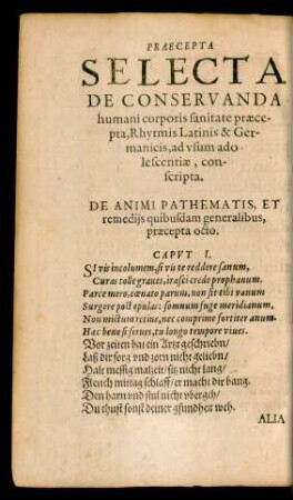 Praecepta Selecta De Conservanda humani corporis sanitate praecepta, Rhytmis Latinis & Germanicis, ad usum adolescentiae, conscripta.