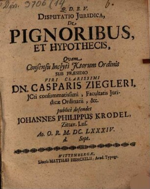Disp. iur. de pignoribus et hypothecis
