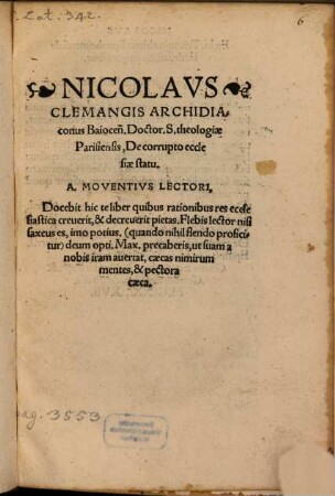 Nicolavs Clemangis Archidiaconus Baiocen[sis]. Doctor. S. theologiae Parisiensis, De corrupto ecclesiae statu