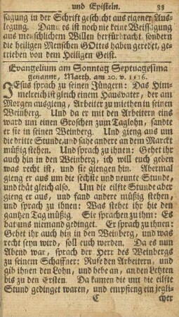 Evangelium am Sonntag Septuagesima genannt, Matth. am 20. v. 1-16.