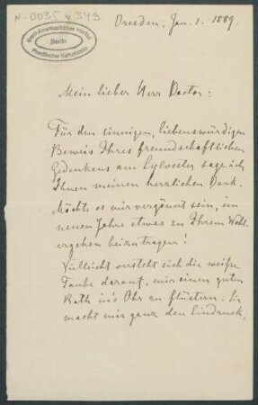 01. Januar 1889, Dresden [Brief von Alphons Stübel an Max Uhle]