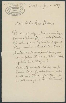 01. Januar 1889, Dresden [Brief von Alphons Stübel an Max Uhle]