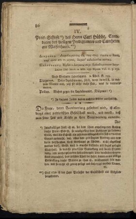 IV. Preis-Schrift des Herrn Carl Hübbe, Candidaten des hiesigen Predigtamtes und Catecheten am Waisenhause.