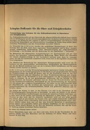 Vorbemerkung zum Lehrplan für den Erdkundeunterricht in Oberschulen und Zehnjahrschulen