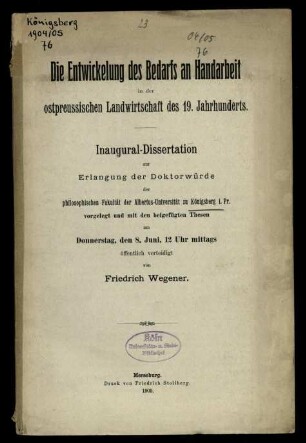 Die Entwickelung des Bedarfs an Handarbeit in der ostpreussischen Landwirtschaft des 19. Jahrhunderts