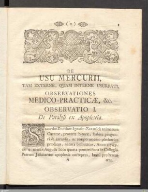 Observatio I. De Paralysi ex Apoplexia