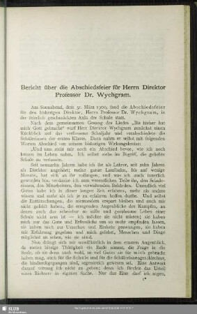 Bericht über die Abschiedsfeier für Herrn Direktor Prof. Dr. Wychgram