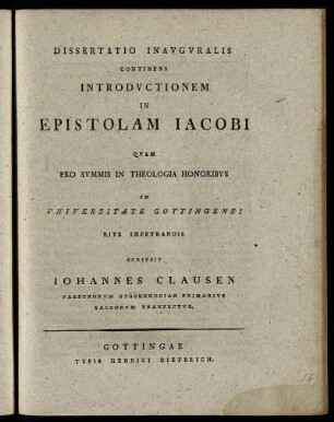 Dissertatio Inauguralis Continens Introductionem In Epistolam Iacobi