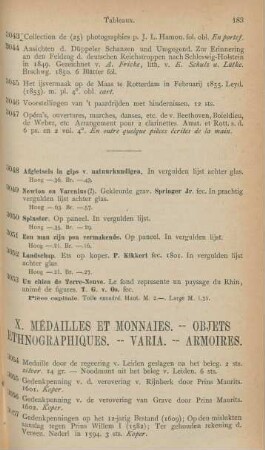 X. Médailles et monnaies. - Objets ethnographiques. - Varia. - Armoires