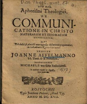 Aphorismi Theologici, De Communicatione In Christo Naturarum Et Idiomatum Hypostatica