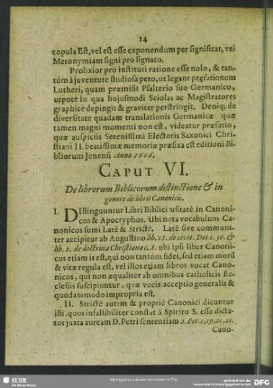 Caput VI. De librorum Biblicorum distinctione & in genere de libris Canonicis