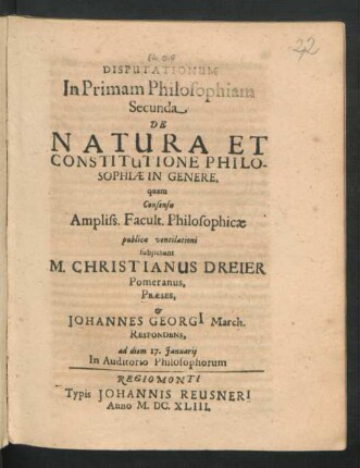 Disputationum In Primam Philosophiam Secunda De Natura Et Constitutione Philosophiae In Genere