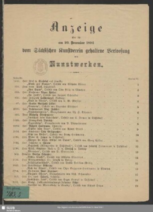 1894: Anzeige über die am ... vom Sächsischen Kunstverein gehaltene Verlosung von Kunstwerken