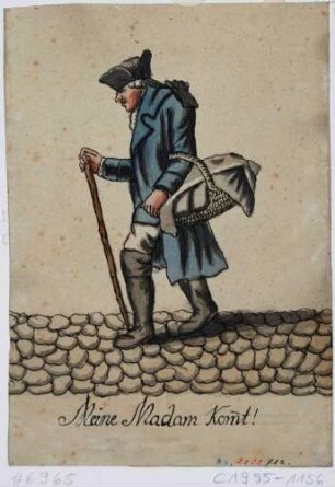 Dresdner Originale: Hausdiener in Dresden in typischer Tracht mit der Unterschrift "Meine Madam Kommt!"