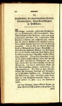 VI. Entscheidung der standesmäßigen Geburt, Ebenbürtigkeit, Successionsfähigkeit in Possessorio.